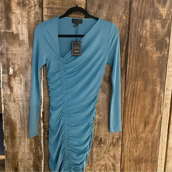 NWT Michael Costello x REVOLVE Kylee Midi Dress in Dusty Blue ruched midi XS